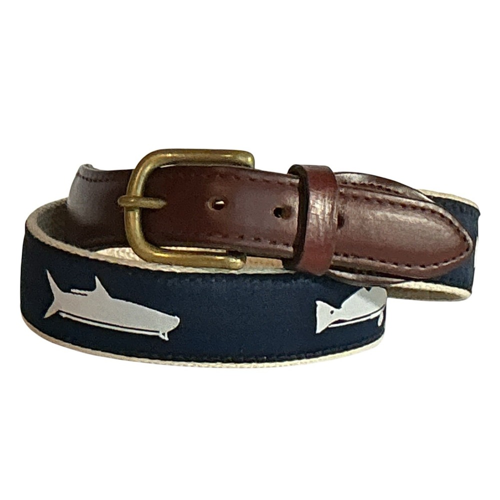 Over & Under Fish Ribbon Belt Brass Buckle Leather Preppy Sail Nautical size 30